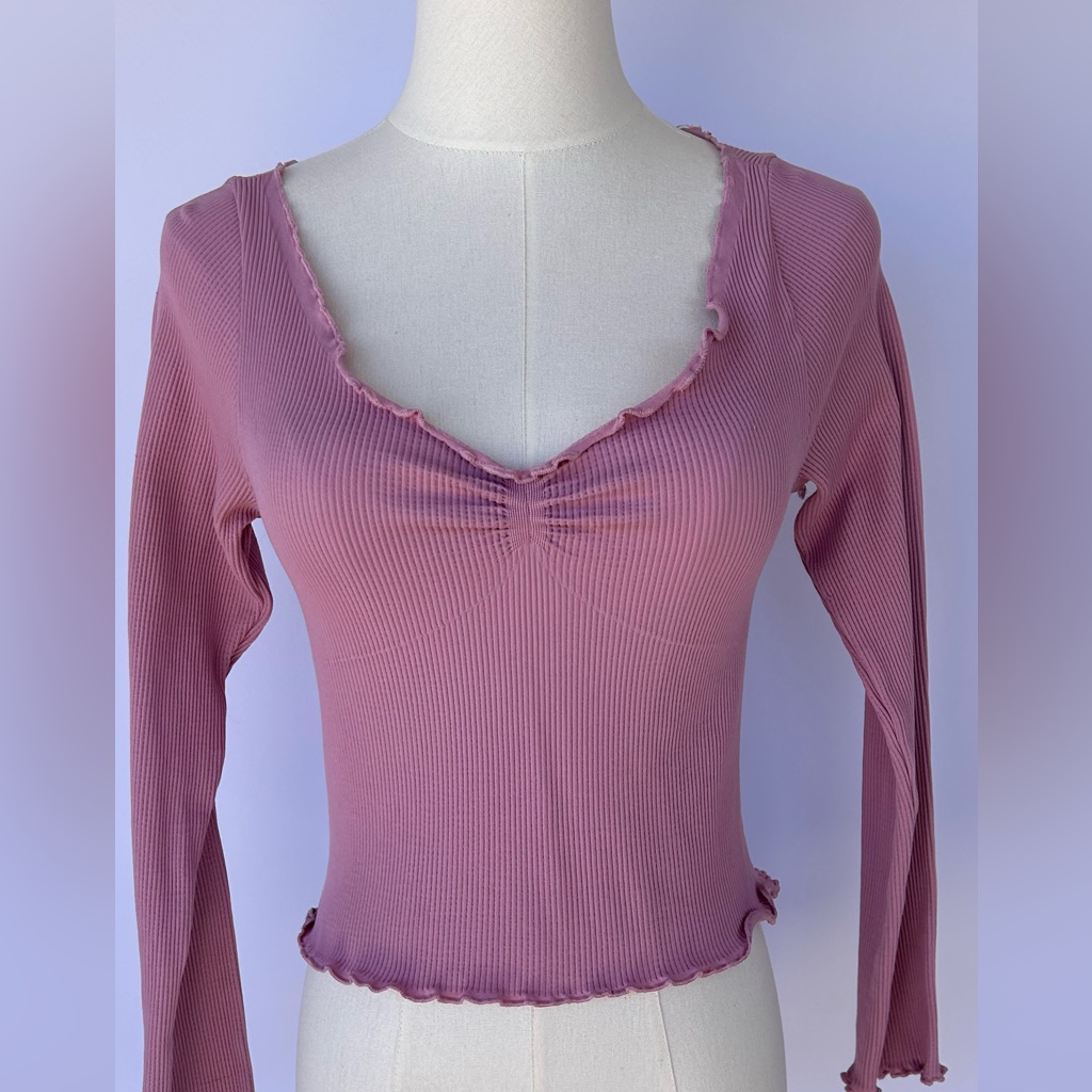 Bdg By Urban Outfitters Elsie Rib Crop Top Long Sleeves Ruched Bust Size Large
